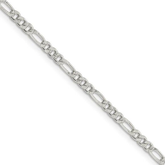 3mm Sterling Silver Solid Pave Flat Figaro Chain Necklace, 18 Inch